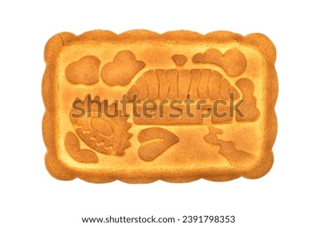 Biscuits with a picture of a country house on a white background. One cookie close-up.
