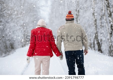 A man and a woman hold hands and walk through a snowy forest.