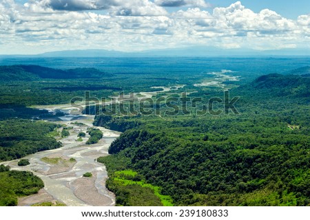 A breathtaking aerial view of the Amazon rainforest in Ecuador, showcasing the lush green canopy, meandering river, and diverse ecosystems. Royalty-Free Stock Photo #239180833