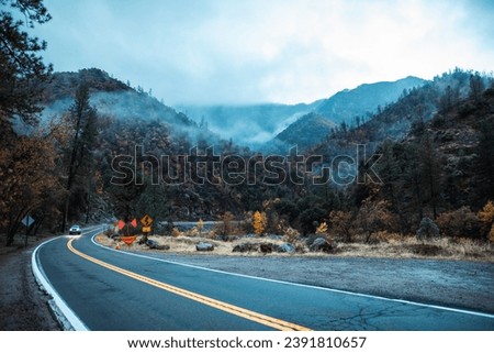 Hazy foggy cloudy weather mountain with asphalt road nature yosemite eastern sierra california