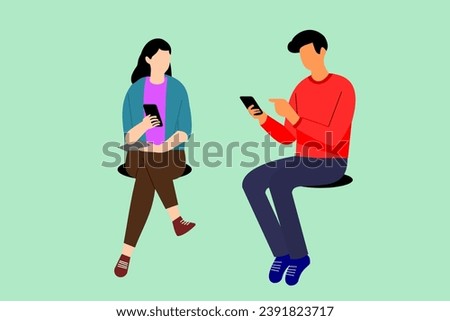 two people using phone. man and woman flat illustration isolated 