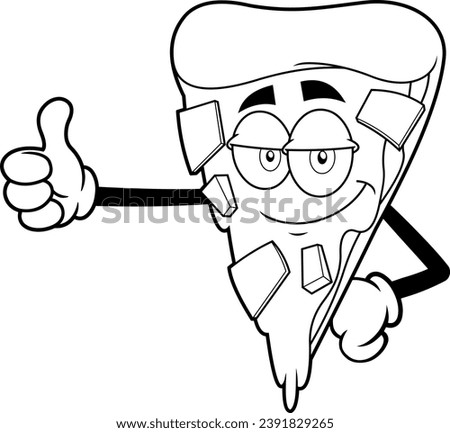 Outlined Smiling Pizza Slice Cartoon Character Giving The Thumbs Up. Vector Hand Drawn Illustration Isolated On Transparent Background