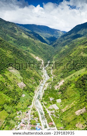 Capture the breathtaking beauty of Rio Blanco River as it flows out of Llanganates National Park in Tungurahua Province,Ecuador,with a mesmerizing high altitude helicopter shot.
