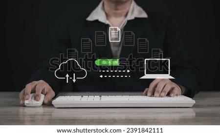 Encryption with file transfer concept : Business man use laptop for remote and download or upload folder document picture by internet connection with full access to remote files..	