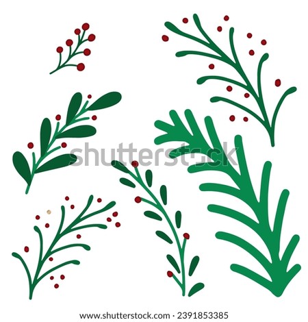 Branches with leaves collection. Set of spring art print with botanical elements. Floral bouquets vector flowers. Happy Easter or Merry Christmas. Folk style isolated on white background.