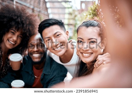 Friends, portrait and hand for selfie with coffee for social media post, online connection or diveristy. Men, women or face for summer meet up or technology for double date, hot drink at happy outing