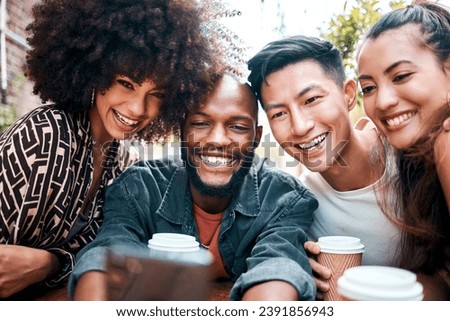 Friends, diversity and coffee selfie happy for social media post, online connection or cafe visit together. Men, women or student for summer meet up or technology for double date, hot drink at outing