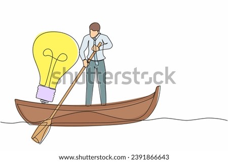 Continuous one line drawing businessman standing in boat and sailing with light bulb. Manager searching idea or vision. Success business innovation. Single line draw design vector graphic illustration