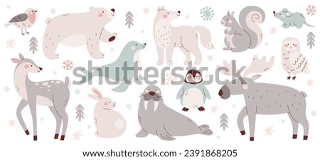 Cute arctic winter bird, water, field and forest animals character isolated graphic set vector illustration. Polar bear, squirrel, mouse, deer, hare, walrus, penguin, owl, fur seal scandinavian style