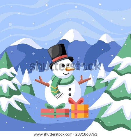Winter Season With Snowman Presents Isolated On White Background. Vector Illustration In Flat Style.