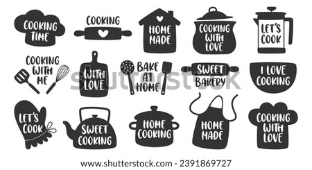 Home cooking, homemade, sweet bakery, with love kitchen logo symbols black-and-white set. Utensils, cook cap, house, pot, apron, spatula, ladle , wooden roll, whisk tags and text vector illustration Royalty-Free Stock Photo #2391869727