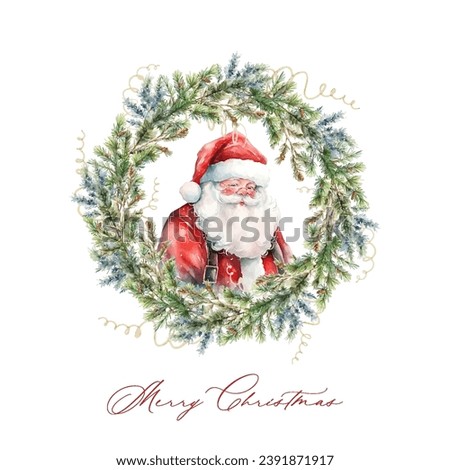 Watercolor Wreath of christmas tree with cute Santa Claus on white background Royalty-Free Stock Photo #2391871917