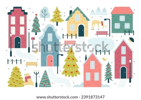 Winter Christmas streets with residential home apartment buildings and decorated spruce in town vector illustration. Suburban countryside with cute animals and wintertime holiday architecture Royalty-Free Stock Photo #2391873147