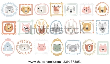 Cute animal faces funny character in hand drawn portrait frames isolated set vector illustration. Pretty wild creature, farm and zoo inhabitant, domestic pets head on creative border graphic design Royalty-Free Stock Photo #2391873851