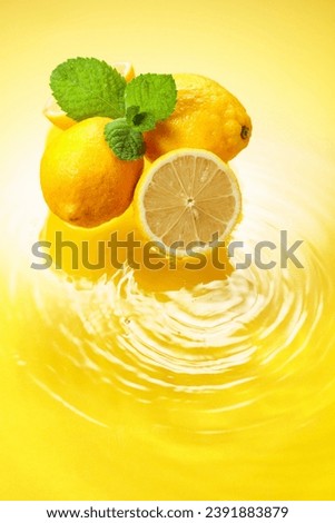 Ripe juicy lemons with mint on a yellow background with water splashes. Copy space.