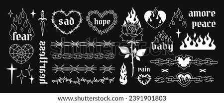 Y2k temporary Tattoo Art design in 2000s style. Y2k Line art tattoo stickers. Emo Goth Heart chain, Rose, Heart fire, Flame. Barbed wire and chain frame tattoo elements. Vector tattoo prints dsgn