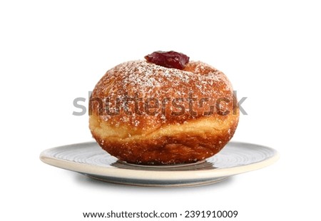 Plate with tasty donut isolated on white background. Hanukkah celebration Royalty-Free Stock Photo #2391910009