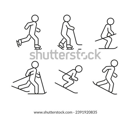 Winter sports line icon set. People on ski, skate, snowboard. Hockey, figure skating on ice, downhill skiing, cross-country and alpine skiing on snow. Vector illustration Royalty-Free Stock Photo #2391920835