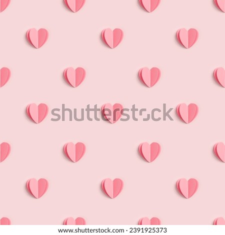 Pink hearts on pink colored background, minimal trend seamless pattern, pastel monochrome color print as valentines day or wedding background. Paper cut hearts, romantic holiday concept, top view Royalty-Free Stock Photo #2391925373
