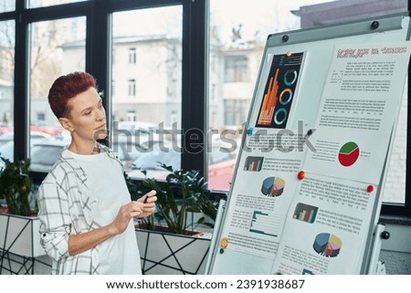 thoughtful bigender person looking at flip chart with business analytics in while working in office