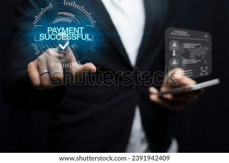 Online payment with check mark. Smartphone with banking online bill payment Approved concept button, credit card and network connection icon on business technology virtual screen background