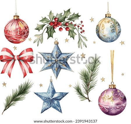 Set of Christmas balls and stars decorations watercolor vector illustration,set of christmas elements	
