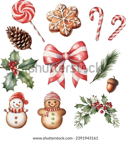 Set of Christmas candy and cookie decorations watercolor vector illustration,set of christmas elements	
