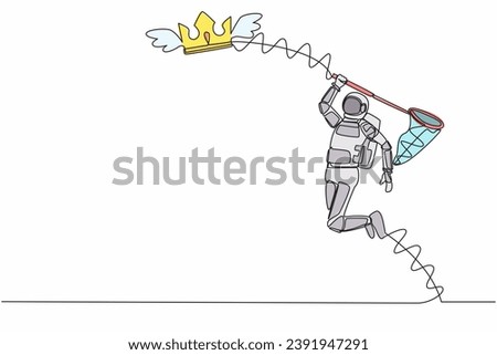 Single one line drawing young astronaut try to catching flying crown with butterfly net. Royal and luxury outer galaxy kingdom. Cosmic galaxy space. Continuous line graphic design vector illustration