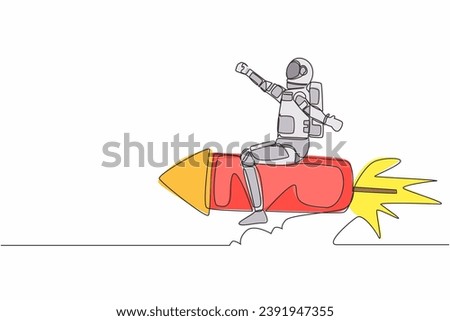 Single one line drawing of young astronaut flying high riding firework rocket in moon surface. Future spaceship technology development. Cosmic galaxy space. Continuous line design vector illustration