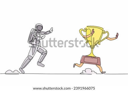 Single one line drawing young astronaut run chasing trophy in moon surface. Victory and award for galactic exploration. Cosmic galaxy space concept. Continuous line graphic design vector illustration