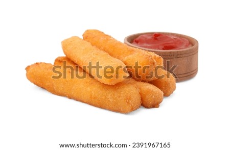 Tasty fried mozzarella sticks and tomato sauce isolated on white Royalty-Free Stock Photo #2391967165