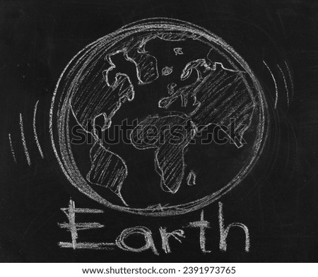 Icon earth planet, hand draw chalk on chalkboard, blackboard texture