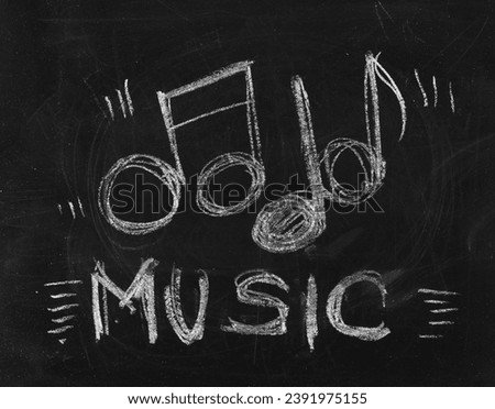 Icon music and musical notes, hand draw chalk on chalkboard, blackboard texture