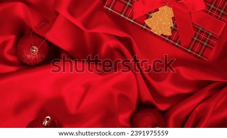 Red Christmas card. Christmas red balls background. Festive Christmas decoration. Happy new year. Banner