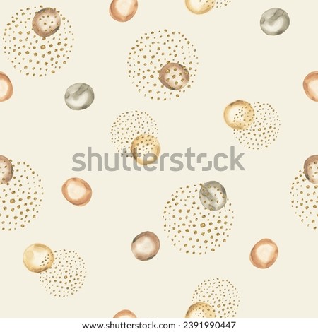 Watercolor seamless pattern beige polka dots, glitter circles. Hand drawn clipart. Perfect for card, textile, tags, invitation, printing, wrapping. Royalty-Free Stock Photo #2391990447