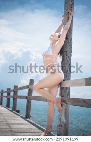 beautiful woman in bikini by the sea.