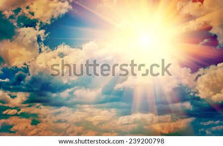 view on beautiful sun in blue cloudy sky instagram stile instagram stile Royalty-Free Stock Photo #239200798