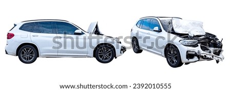 Set of Full body side view and front view of white car get full damaged by accident on the road. damaged cars after collision. Isolated on white background with clipping path Royalty-Free Stock Photo #2392010555
