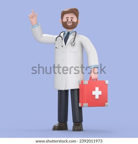 3D illustration of Male Doctor Iverson holds red case first aid kit.Medical presentation clip art isolated on blue background.
