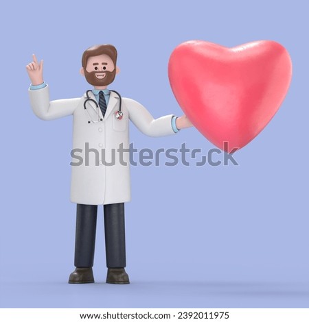 3D illustration of Male Doctor Iverson with heart shape.Medical presentation clip art isolated on blue background.
