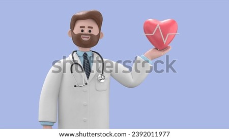 3D illustration of Male Doctor Iverson. Cardiologist shows red heart symbol. Medical application concept.Medical presentation clip art isolated on blue background.
