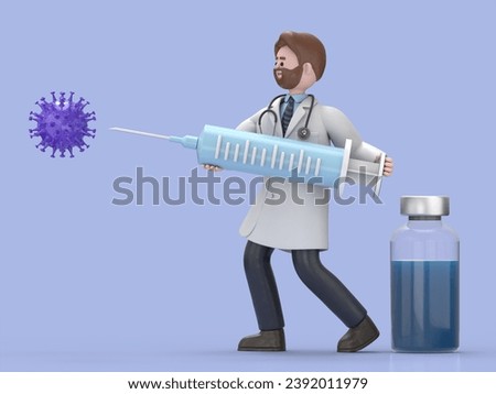 3D illustration of Male Doctor Iverson fights Coronavirus infection. Vaccine against covid-19 virus inside big syringe.Medical presentation clip art isolated on blue background.
