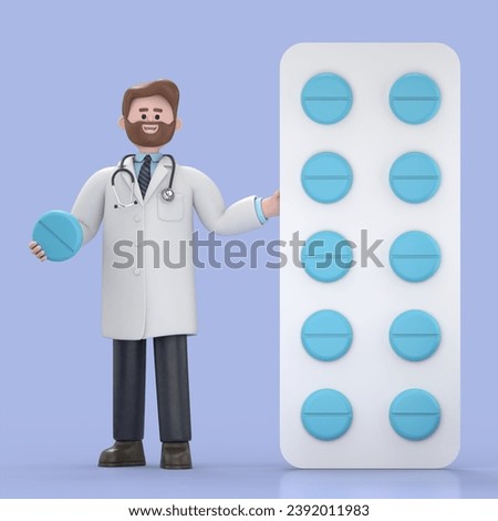 3D illustration of Male Doctor Iverson stands near the big pack of yellow pills. Pharmacist holding one round pill.Medical presentation clip art isolated on blue background.
