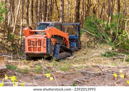 Contractor used tracked general purpose vehicles forestry mulcher that cleans soil in forest Royalty-Free Stock Photo #2392013995