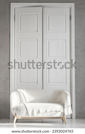 A beautiful room with tall white wooden doors and a white sofa against the background of the doors. Studio for photography in vintage style.