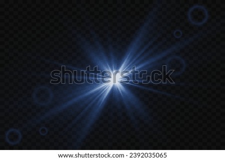Blue sunlight lens flare, sun flash with rays and spotlight. Glowing burst explosion on a transparent background.