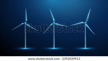 Abstract blue low poly wind turbine with different positions of vanes Front view Renewable power generation Green energy concept. Alternative source of energy Wireframe structure Modern graphic Vector Royalty-Free Stock Photo #2392039913