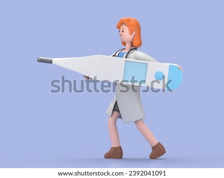 3D illustration of Female Doctor Nova holds big thermometer,  Blank mockup with copy space.Medical presentation clip art isolated on blue background.
