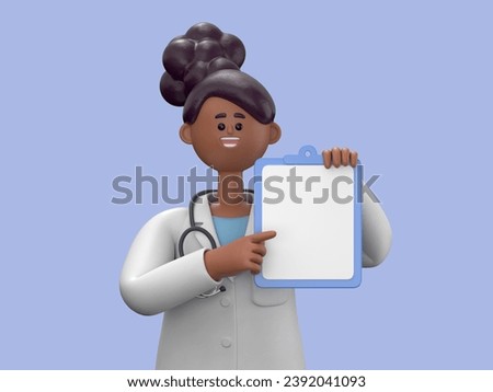 3D illustration of Female Doctor Juliet holds blue clipboard with blank document.Health insurance. Professional therapist, hospital assistant.Medical presentation clip art isolated on blue background.