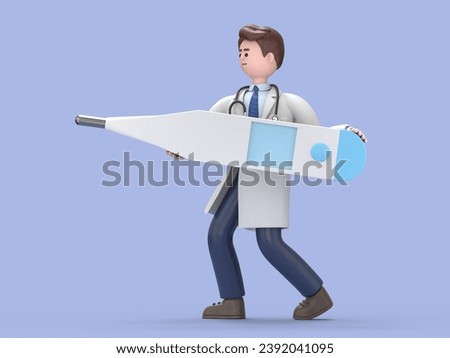 3D illustration of Male Doctor Lincoln holds big thermometer,  Blank mockup with copy space.Medical presentation clip art isolated on blue background.
